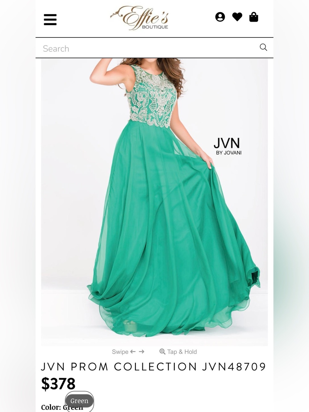 JVN by Jovani Emerald Green Embellished Bodice Evening Gown size 14